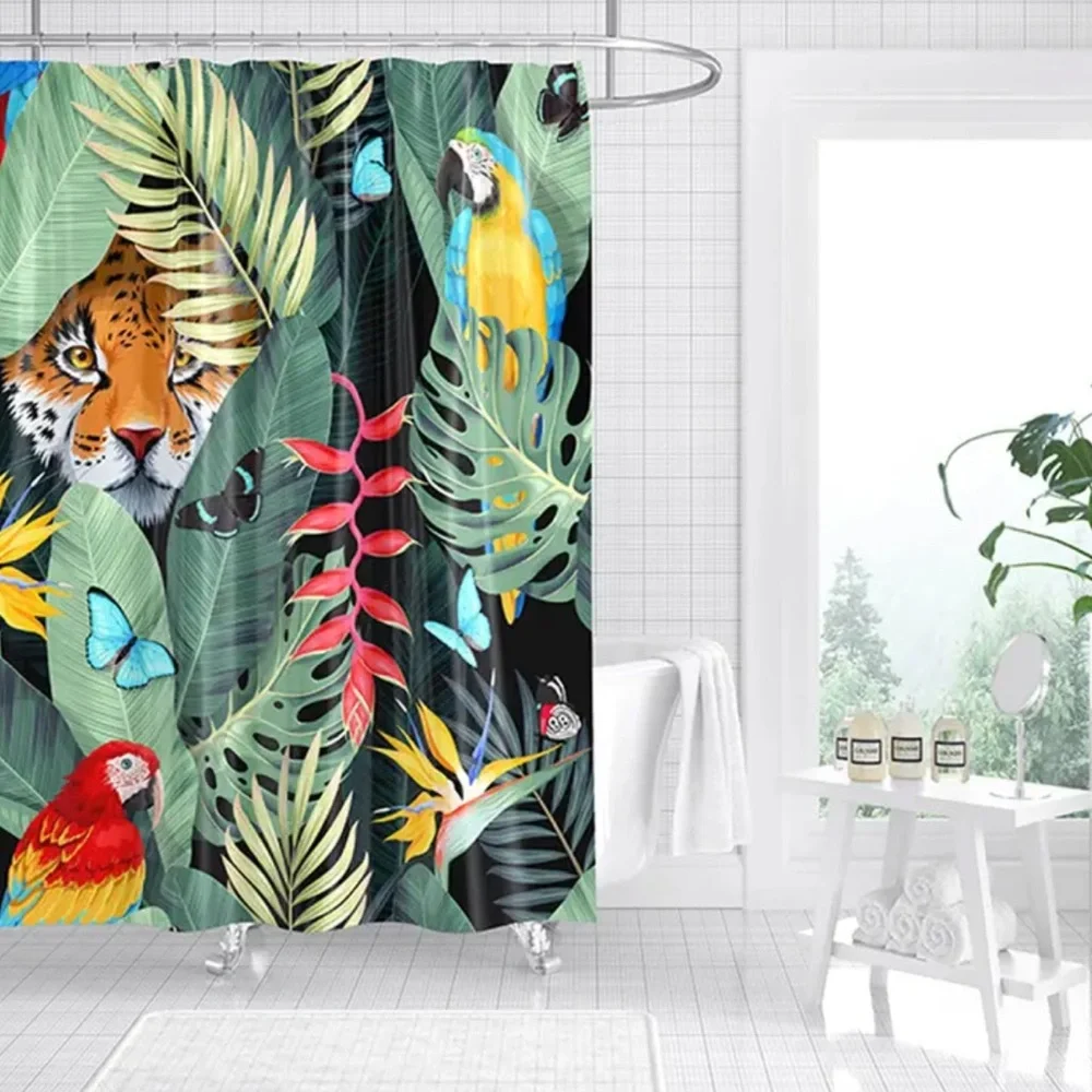 Tropical Jungle Novelty Shower Curtain with Leopard Parrot & Butterflies